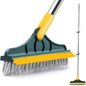 2 in 1 Floor Brush Scrubber with Long Handle Upgrade 3 Poles 53.5'' Grout Brush Scrape Stiff Bristle Cleaning Scrub Brush with Squeegee 120°Rotating Tile Brush for Cleaning Bathroom Glass Kitchen