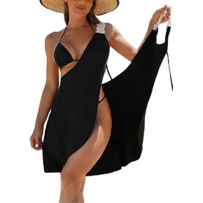 WDIRARA Women's Swimwear Wrap V Neck Criss Cross Tie Backless Cover Up Contrast Lace Sleeveless Halter Beach Dress