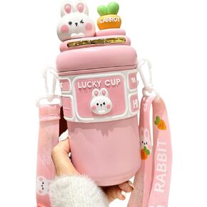Kawaii Rabbit Stainless Steel Water Bottle with Straw 19oz Cute Bear Water Bottle with Adjustable Strap Leak-Proof for Sports Camping Travel (Pink)