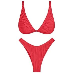 ZAFUL Women's Textured Swimwear High Leg Sexy Plunging Neck Bathing Suit 2 Piece Swimsuit Red X-Large