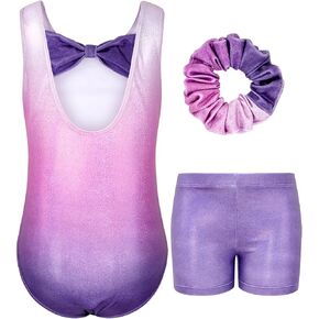 JiAmy Gymnastics Leotards for Girls with Bow Back, Sparkly Dance Unitards with Shorts Ballet Biketards Outfit for 3-12 Years