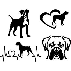 Boxer Decal 4 Pack: Boxer Dog Breed Standing, Boxer Heartbeat, Boxer Heart, Detailed Boxer Face Decals (Large ~5", Black)