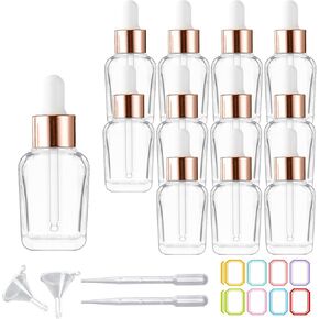 12Pcs 1 oz Square Dropper Bottles for Essential Oils, 30ml Clear Glass Bottles with Eye Droppers,tincture bottles,Travel Bottles for Essential Oils, Liquids,perfume (Rose Gold cap)