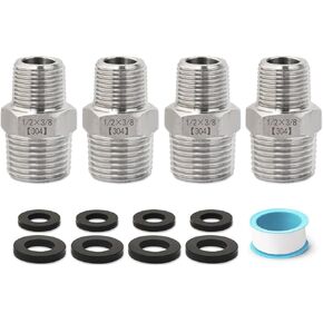 1/2 to 3/8 Reducer, Josaton 1/2" Male NPT to 3/8" Male NPT Reducing Hex Nipple, 304 Stainless Steel 3/8 male to 1/2 male reducer, with Sealing Tape, Gaskets, for Kitchen, RV Kitchen Plumbing, 13PCS