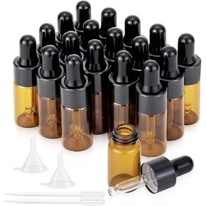 3ml Eye Dropper Bottles, 18Pcs Amber Mini Glass Dropper Bottles Essential Oil Bottles Empty Perfume Sample Vials Refillable Liquid Cosmetic Containers with 2 Funnels and 2 Plastic Droppers, Black Cap