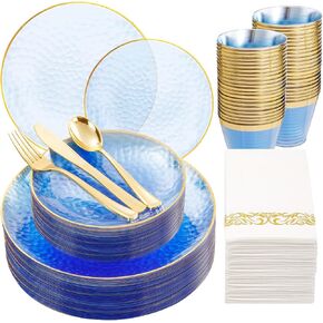 Rubtlamp 175 Pcs Plastic Dinnerware Set (25 Guests), Blue Disposable Plates With Gold Rim, Hammered Party Plates Set Include Dinner Plates, Dessert Plates, Cups, Cutlery Set And Napkins for Party