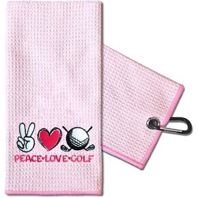 TOUNER Peace Love Golf Embroidered Golf Towels for Golf Bags with Clip, Funny Pink Golf Towel Gifts for Aunt Step Mom Sister Wife, Golf Accessories for Women, Retirement Mother's Day Golf Fan Gifts