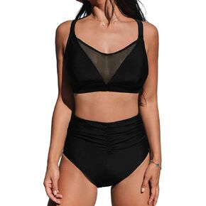 CUPSHE Bikini Sets for Women Large Bust High Waisted Criss Cross Back Self Tie Ruched Mesh V Neck