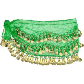 PATIKIL BELLY DANCE DANCE HIP DACRF 57 "× 11" ، غلاف تنورة للرقص للبطن للسيدات مع 128 قطعة نقدية ذهبية للرقص أو اليوغا ، الأخضر الداكن