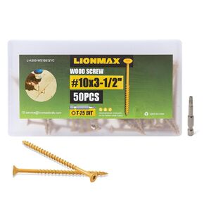 LIONMAX Deck Screws 3-1/2 Inch, Wood Screws #10 x 3-1/2", 50 PCS, Rust Resistant, Exterior Epoxy Coated, Outdoor Decking Screws, Torx/Star Drive Head Deck Screw, T25 Star Bit Included, Tan