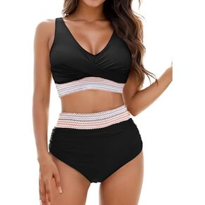 Womens High Waisted Bikini Set Tummy Control Color Block Bathing Suits Twist Front Two Piece Swimsuits