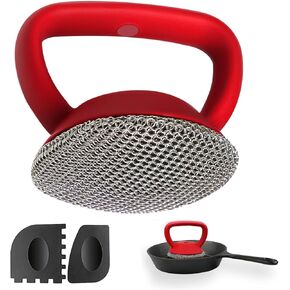 MEIXINZHI Cast Iron Scrubber, Cast Iron Skillet Cleaner+2 Pan Grill Scrapers Chain Mail to Clean Cast Iron Chain Mail Scrubber Cast Iron Chainmail Scrubber for Cast Iron Skillet (1, Red)