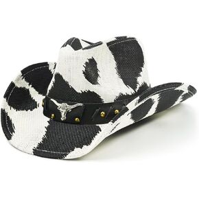 FLUFFY SENSE. Cow Print Cowboy Hat for Women Funny Cowgirl Hat - Straw Western Hats for Women with Shapeable Brim Country Concert Outfits Bachelorette Party Hat