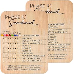 Phase 10 Score Board, Wooden Phase 10 Scoreboard with 8pcs Round Colored Tracker Pegs, Phase 10 Score Sheets, Fun Table Board Card Games for Family Party Family