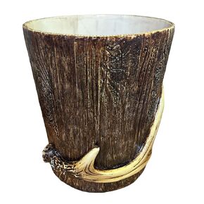 De Leon Collections Decorative Waste Basket Trash Bin, 8.25 x 9.5 Inch Polyresin, Antler on Aged Wood