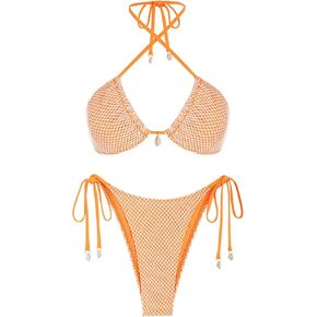 ZAFUL Women's Triangle Bikini Multiway Fishnet Tie Side Bandeau Halter String Bikini Set Two Piece Swimsuit Bathing Suits