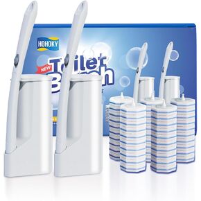 Disposable Toilet Brush Cleaning System, Two Sets of Wands and 50p Refills Pads Replacement Heads, Wall Mounted Toliet Stick Wand Starter Kit Bathroom Maintenance, Toilet Bowl Cleaner Holder
