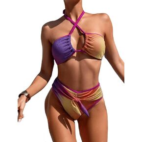 SHENHE Women's Metallic Shiny Color Block 2 Piece Halter Criss Cross Swimsuit Sparkly Bikini Set