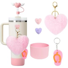 6 PCS Cup Accessories Set for Stanley 40oz & 30oz Tumbler.Including Silicone Boot,Straw Cover Cap,Heart Hook,Heart Pompom and Slippers