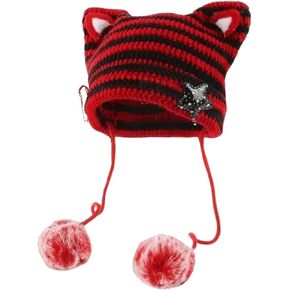 Women Kawaii Cat Ear Beanie Hat with Star Pom Poms Y2K Cute Crochet Goth Grunge Emo Alt Accessories Knit Slouchy Hat