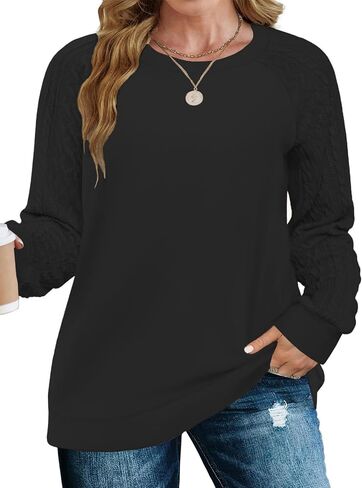 VISLILY Womens-Plus-Size-Sweatshirts Trendy Raglan Cable Knit Long Sleeve Shirts Casual Crewneck Pullover Tunic Tops XL-5XL in Saudi Arabia