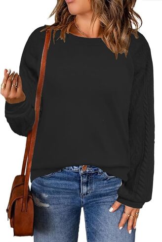 VISLILY Womens-Plus-Size-Sweatshirts Trendy Raglan Cable Knit Long Sleeve Shirts Casual Crewneck Pullover Tunic Tops XL-5XL in Saudi Arabia