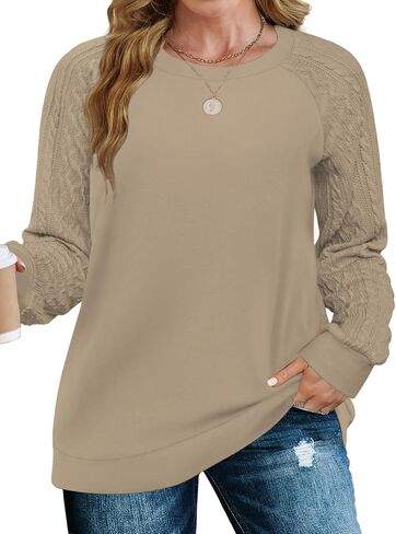 VISLILY Womens-Plus-Size-Sweatshirts Trendy Raglan Cable Knit Long Sleeve Shirts Casual Crewneck Pullover Tunic Tops XL-5XL in Saudi Arabia