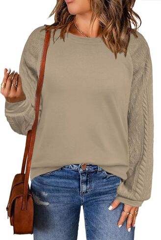 VISLILY Womens-Plus-Size-Sweatshirts Trendy Raglan Cable Knit Long Sleeve Shirts Casual Crewneck Pullover Tunic Tops XL-5XL in Saudi Arabia
