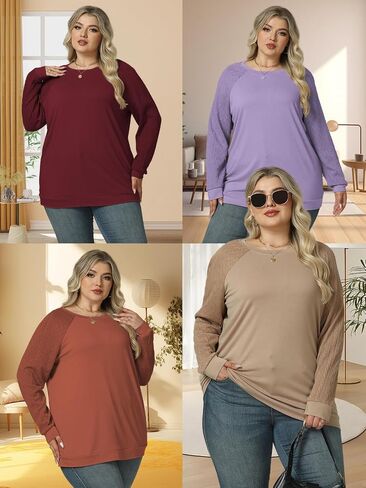 VISLILY Womens-Plus-Size-Sweatshirts Trendy Raglan Cable Knit Long Sleeve Shirts Casual Crewneck Pullover Tunic Tops XL-5XL in Saudi Arabia