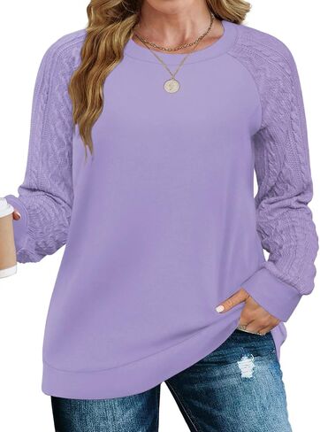VISLILY Womens-Plus-Size-Sweatshirts Trendy Raglan Cable Knit Long Sleeve Shirts Casual Crewneck Pullover Tunic Tops XL-5XL in Saudi Arabia