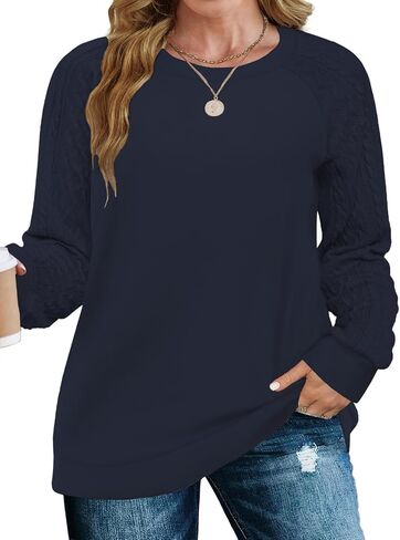 VISLILY Womens-Plus-Size-Sweatshirts Trendy Raglan Cable Knit Long Sleeve Shirts Casual Crewneck Pullover Tunic Tops XL-5XL in Saudi Arabia