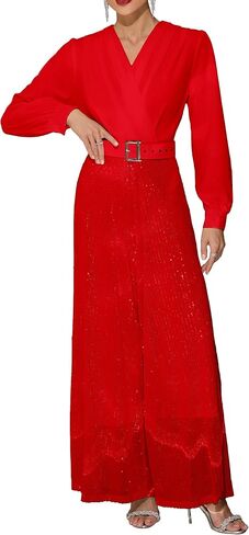 VERWIN Sequins Jumpsuit for Women Long Sleeve Sparkly Jumper V Neck Belted Wide Leg Pants Sets Evening Party Jumpsuit in Kuwait
