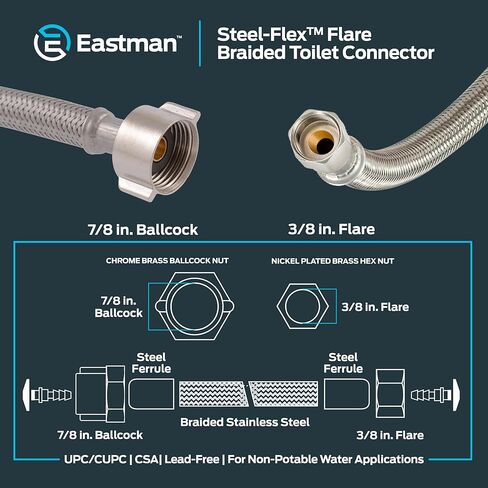 Eastman 12 inch المرحاض مرنة ، 7/8 بوصة المكسرات بالكرات × 3/8 بوصة توصيل مدخل مضيق ، خرطوم مرحاض مضفر من الفولاذ المقاوم للصدأ ، 48097 in Kuwait
