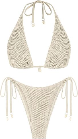 ZAFUL Women's Triangle Bikini Multiway Fishnet Tie Side Bandeau Halter String Bikini Set Two Piece Swimsuit Bathing Suits in Kuwait