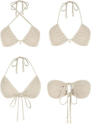 ZAFUL Women's Triangle Bikini Multiway Fishnet Tie Side Bandeau Halter String Bikini Set Two Piece Swimsuit Bathing Suits in Kuwait