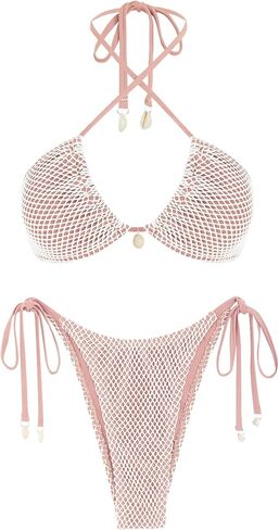 ZAFUL Women's Triangle Bikini Multiway Fishnet Tie Side Bandeau Halter String Bikini Set Two Piece Swimsuit Bathing Suits in Kuwait