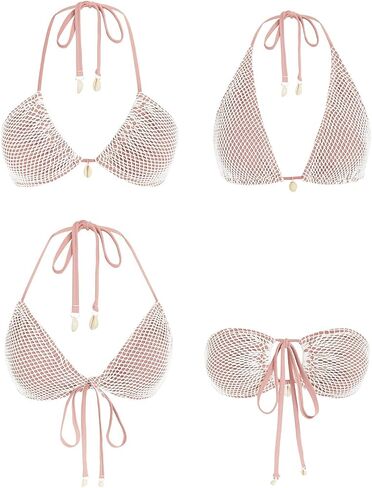 ZAFUL Women's Triangle Bikini Multiway Fishnet Tie Side Bandeau Halter String Bikini Set Two Piece Swimsuit Bathing Suits in Kuwait