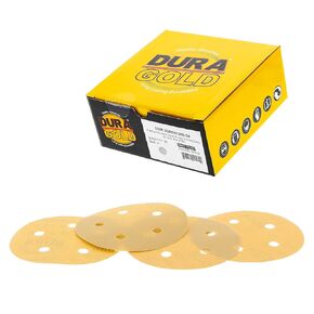 Dura-Gold Premium 5" Gold Sanding Discs - 1200 Grit (Box of 50) - 5 Hole Pattern Dustless Hook & Loop Backing Sandpaper for DA Sanders, Aluminum Oxide Abrasive - Sand Automotive Paint Woodworking Wood