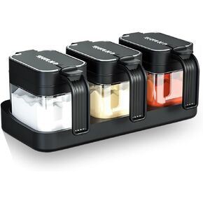 Mlici Seasoning Containers with Lid and Spoon, Set of 3 Glass Salt and Sugar Container, 13.52 Ounce Wall Mounted Condiment Jar Spice Box Set with Base for Hone Kitchen Countertop