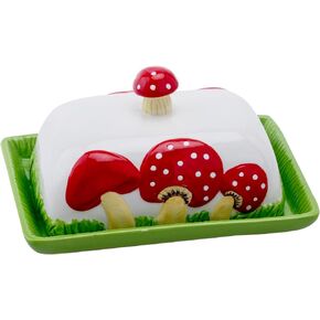 Ceramic Mushroom Butter Dish - Whimsical Red and White Polka Dot Design Butter Keeper