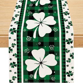 Siilues Spring Table Runner, Buffalo Plaid Shamrock St. Patrick's Day Decoraions Green Seasonal Spring Holiday Table Decorations for Indoor Outdoor Dining Table Decor (13'' x 72'')