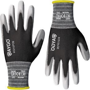 KAYGO Work Gloves PU Coated 12 Pairs, KG15P,Nylon Liner with Flexible Polyurethane Coating,Safety Work Gloves for DIY, Assembly, Warehouse, Light Duty Work (Large, Black)
