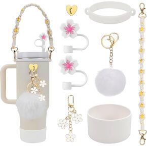 8PCS Cup Accessories for Stanley Cup 30oz 40oz Tumbler,1 Pcs Water Bottle Handle Strap, 1 Pcs Siliocne Stanley Cup Boot, 2Pcs Flower Stanley Straw Cover,3 Pcs Stanley Charms (White)