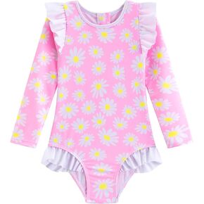 LIZENS Girls' Swimwear One Piece Scoop Neck Ruffle Long Sleeves Pink Daisy Floral Beach Bathing Suit for Kids