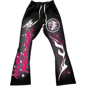 WDIRARA Men's Y2k Graphic Letter Print Stacked Sweatpants Drawstring Bell Bottom Flare Pants with Pockets