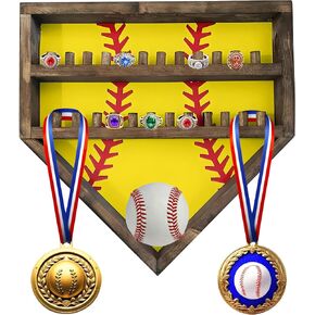 Baseball Championship Ring Display Case, Softball Football Basketball Ring Holder Wood, 24 Ring Posts, Sports Medal Wall Mount Display Box for Men Boy (Yellow)