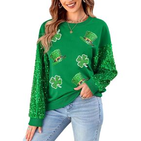 For G and PL Women's St Patricks Day Sequin Long Sleeve Sweatshirts Crewneck Irish Tops
