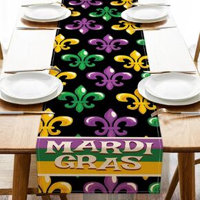 Mardi Gras Fleur De Lis Table Runner, New Orleans Carnival Kitchen Dining Table Decoration, Masquerade Burlap Indoor Outdoor Home Decor Party Supply 13 x 72 Inches