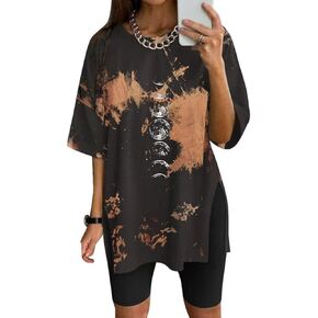 Womens Oversized Tshirts Workout Gym Shirts Moon Print Tees Side Slit Plus Size Top