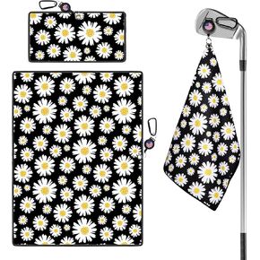 Golf Towels for Golf Bags Value 2 Pack 21"x16" and 12"x8" Set with Strong Magnetic Retractable Carabiner Microfiber Waffle Pattern Towel Lightweight Absorbent Gift for Women Ladies (Daisy)
